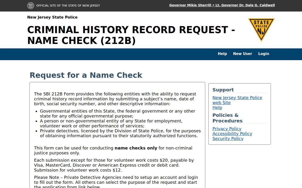 Monmouth County criminal history through the New Jersey SBI 212B portal