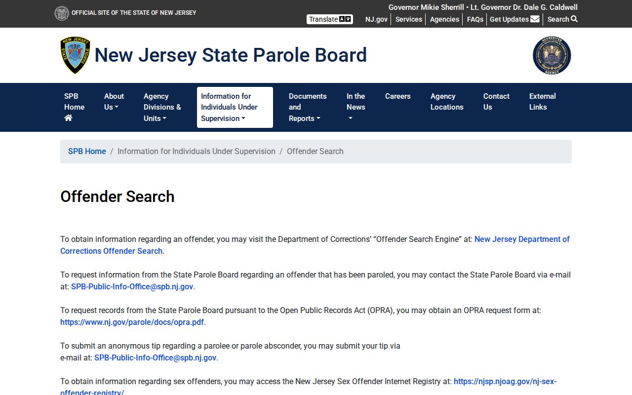 New Jersey parole information related to Monmouth County registry supervision
